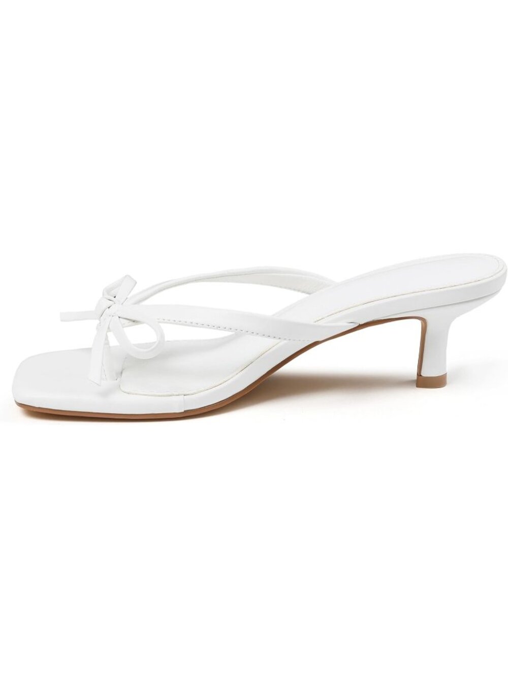 Women's White Summer Square Toe Cute Bow Thong Slip On Flip Flop Kitten Heel